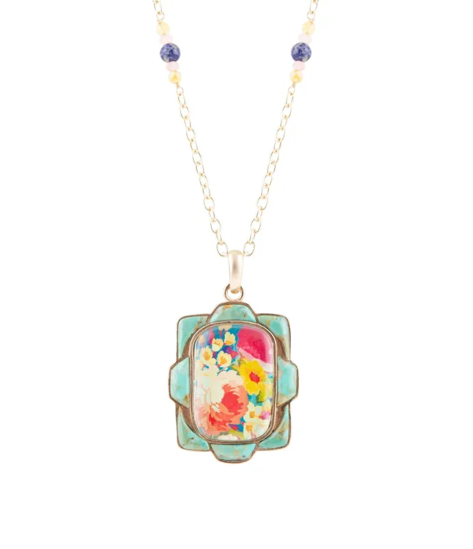Scenic Floral and Blue Turquoise Golden Pendant Necklace sold by Barse