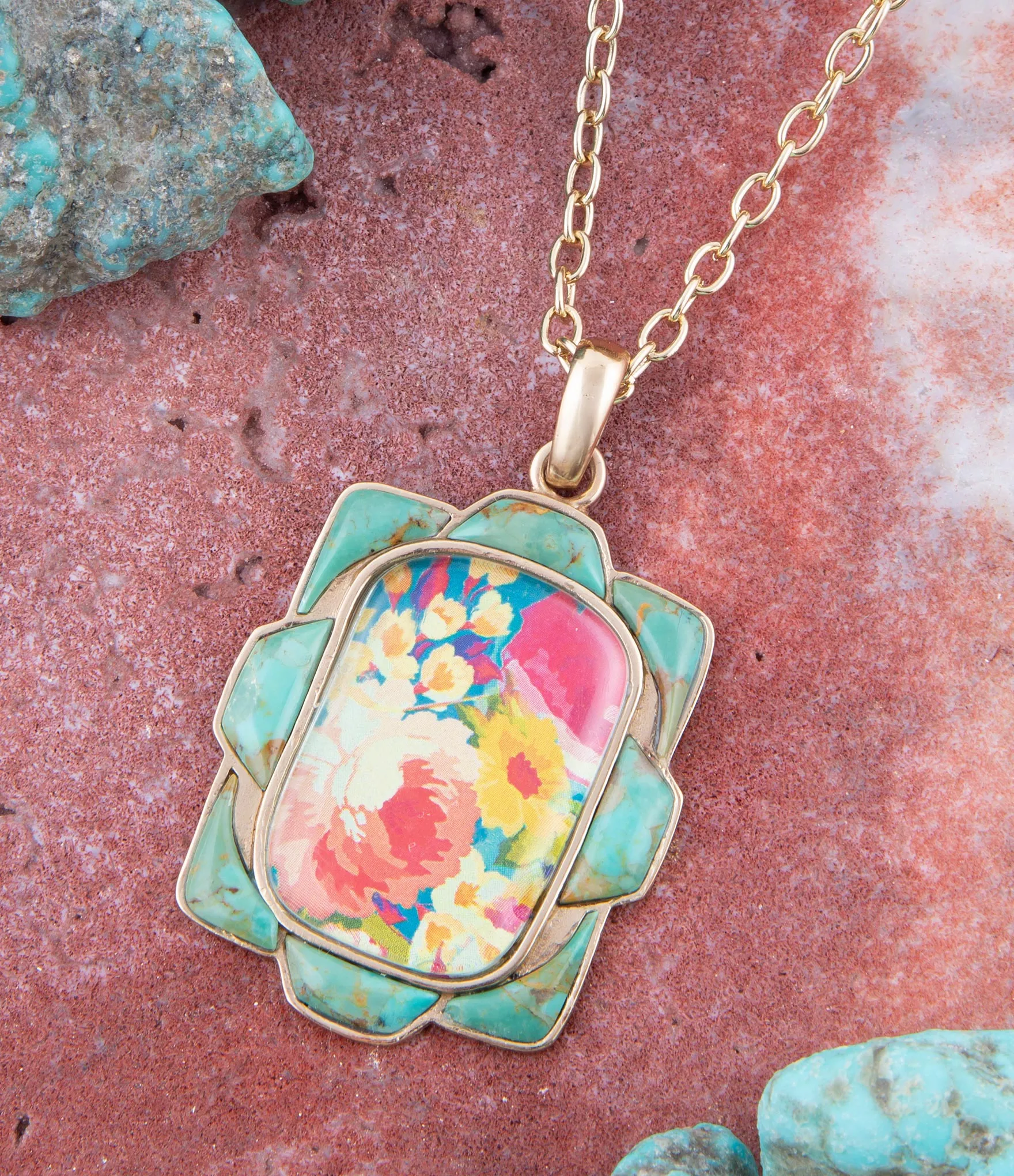 Scenic Floral and Blue Turquoise Golden Pendant Necklace sold by Barse product image thumbnail 2