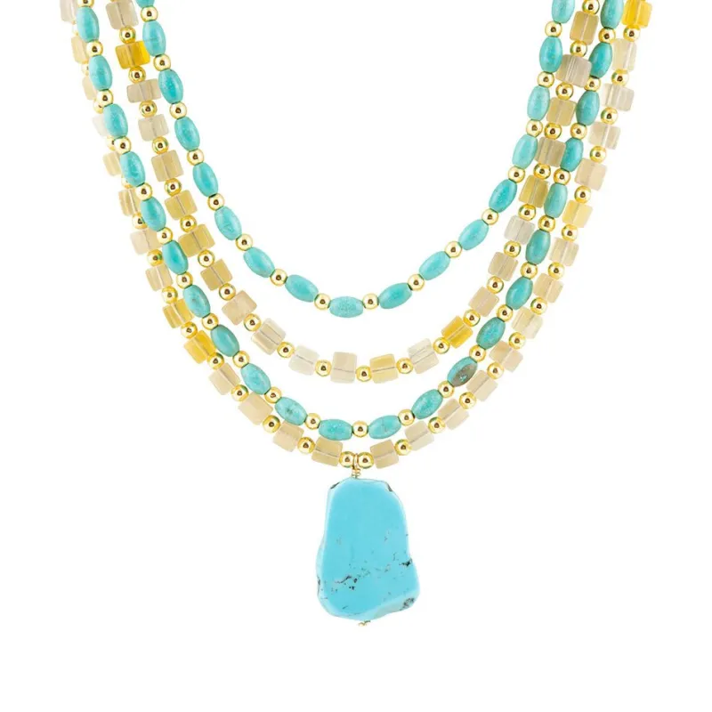 Blue Turquoise and Yellow Citrine Multi-Layer Golden Necklace sold by Barse