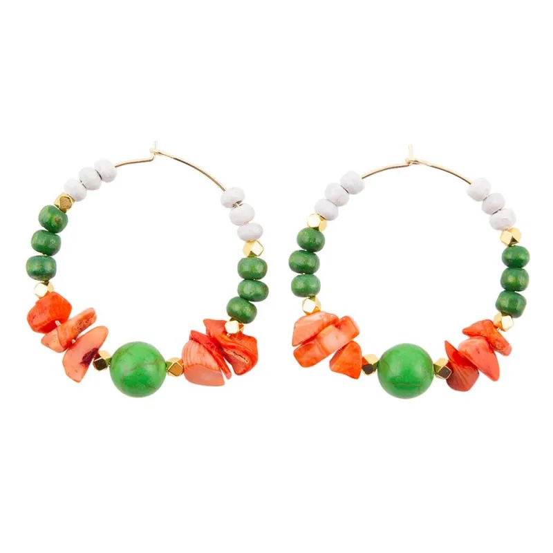 Green and Orange Coral Golden Hoop Earrings sold by Barse