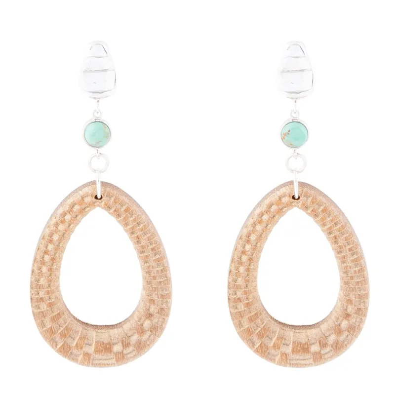 Blue Turquoise Top Carved Wood Sterling Silver Earrings sold by Barse