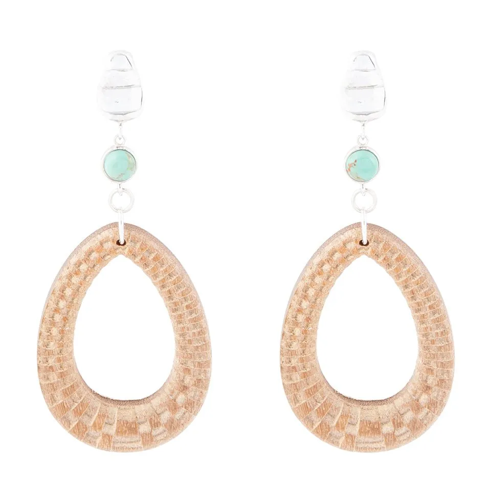 Blue Turquoise Top Carved Wood Sterling Silver Earrings sold by Barse