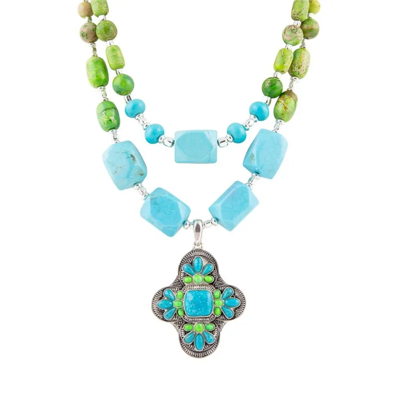 Zion Lime Green and Blue Turquoise and Sterling Silver Statement Necklace sold by Barse