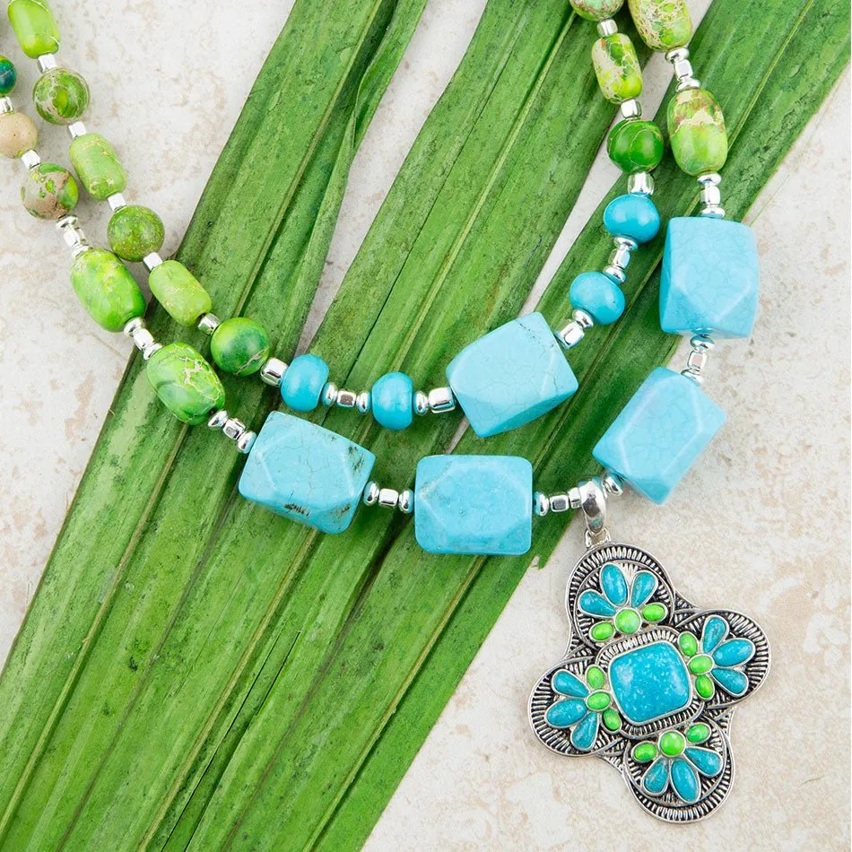 Zion Lime Green and Blue Turquoise and Sterling Silver Statement Necklace sold by Barse product image thumbnail 2