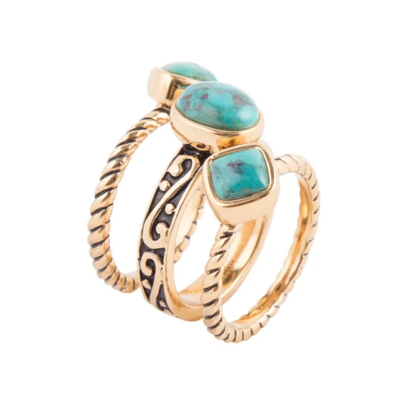 Multi-Shape Blue Turquoise and Golden Trio Ring Set sold by Barse
