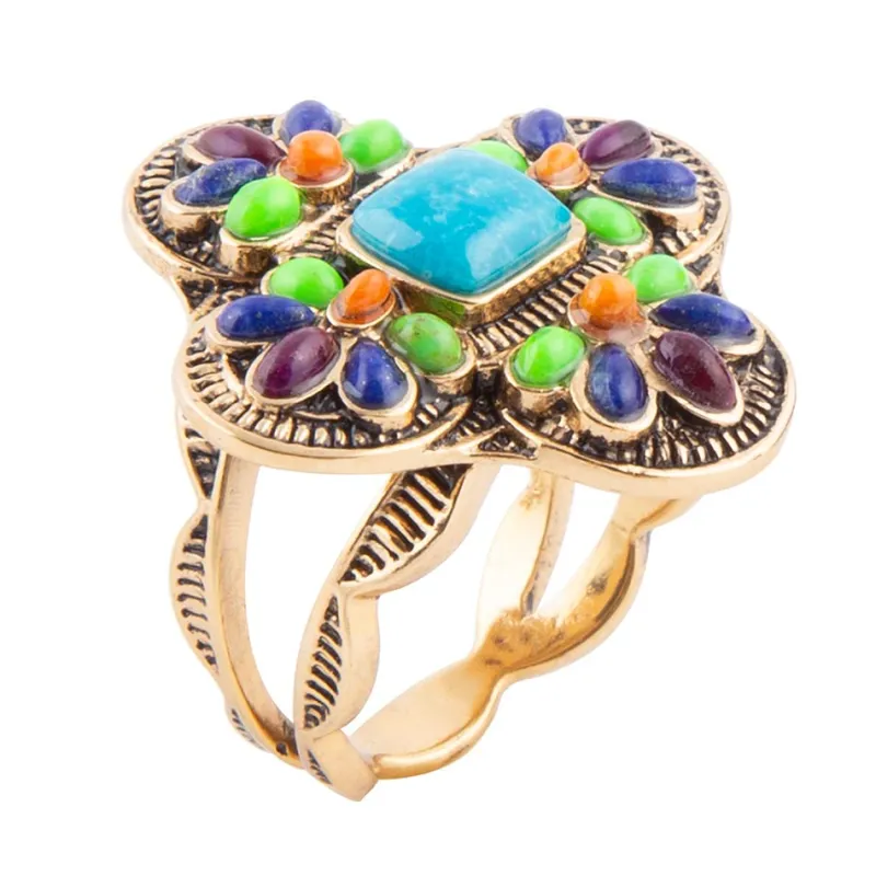 Zion Blue Turquoise Colorful Golden Cross Ring sold by Barse
