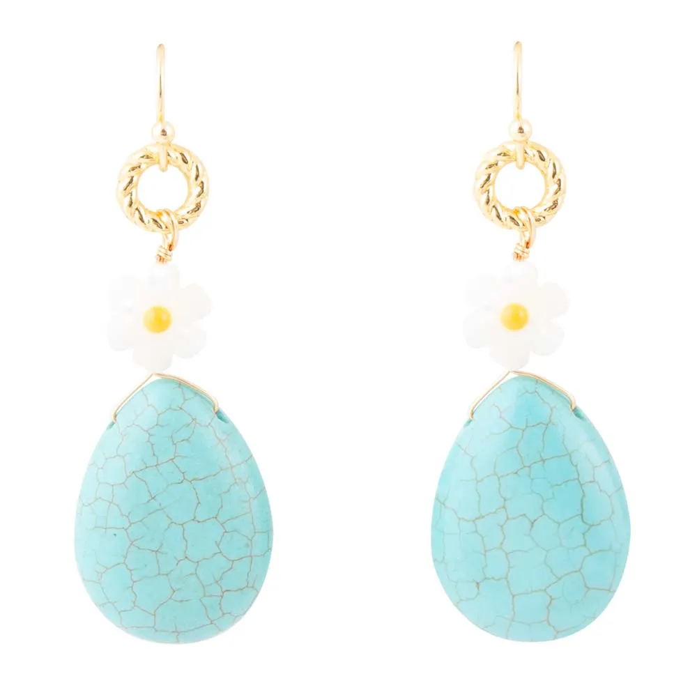 Dani Blue Turquoise Magnesite Flower Golden Drop Earrings sold by Barse