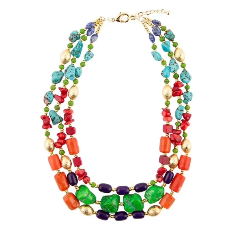 Zion Multi-Color Triple Strand Golden Statement Necklace sold by Barse