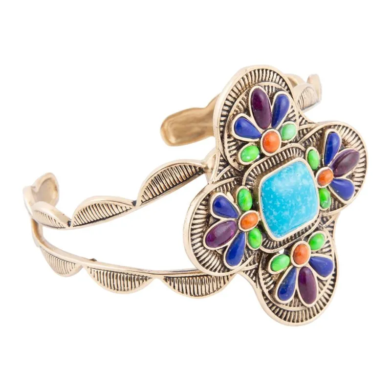 Zion Blue Turquoise Multi-Stone Golden Cuff Bracelet sold by Barse