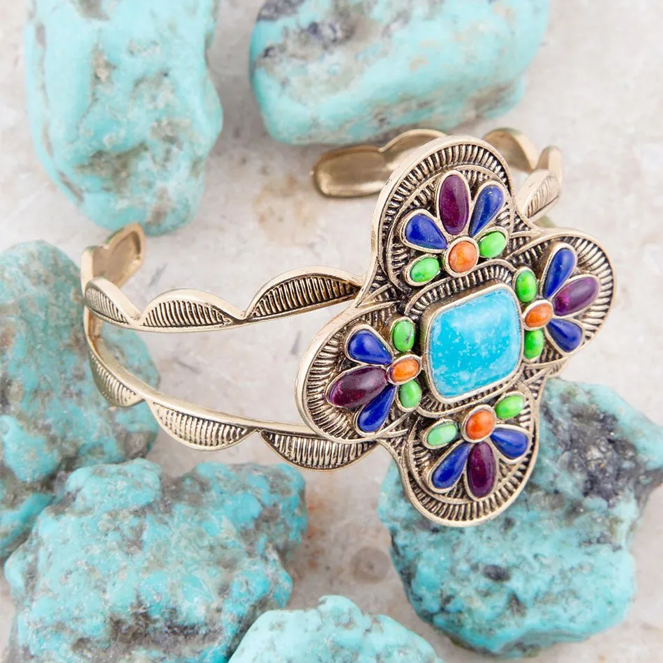 Zion Blue Turquoise Multi-Stone Golden Cuff Bracelet sold by Barse product image thumbnail 5