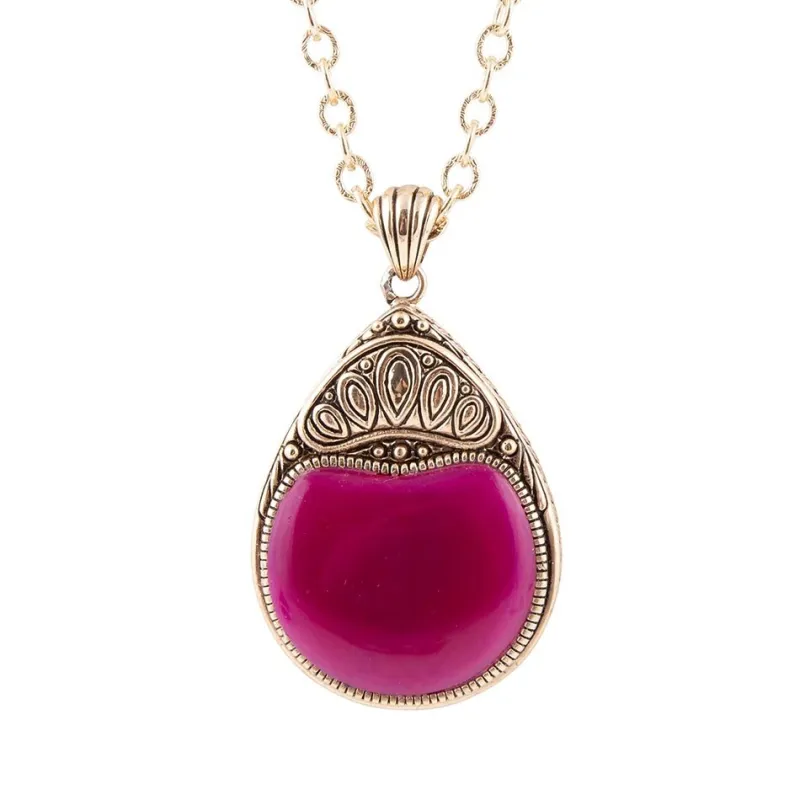 Flamenco Pink Magenta Agate Golden Pendant Necklace sold by Barse
