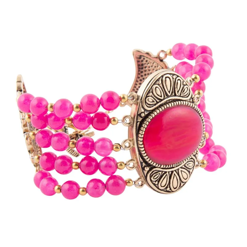 Flamenco Pink Magenta Agate Golden Statement Bracelet sold by Barse