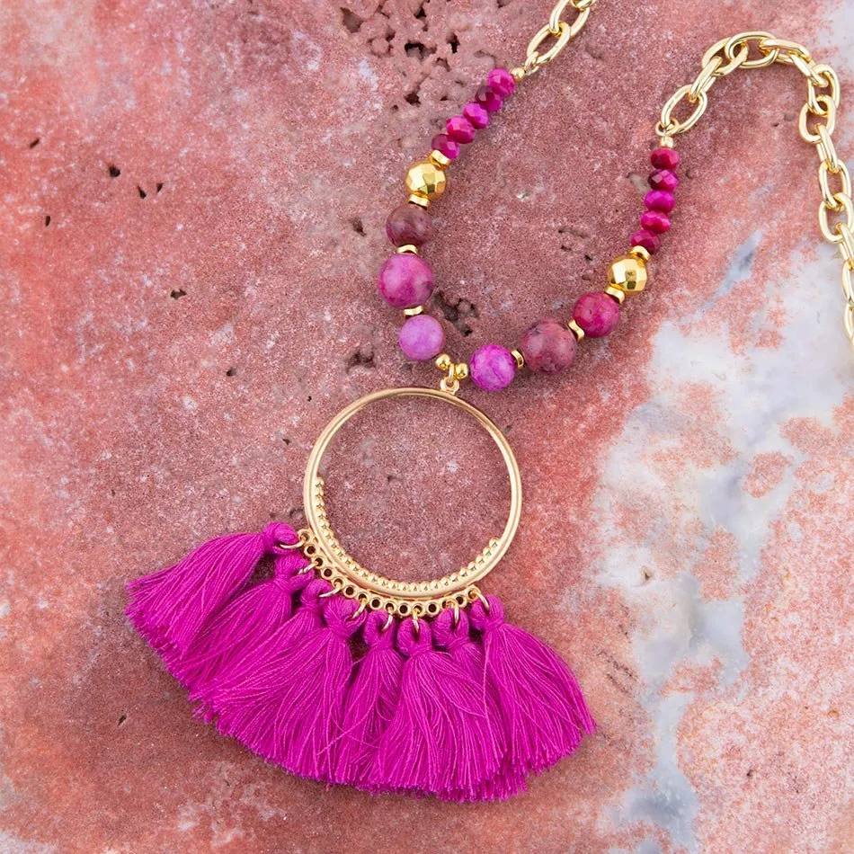 Pink Magenta Dreams Agate Tassel Golden Necklace sold by Barse product image thumbnail 2