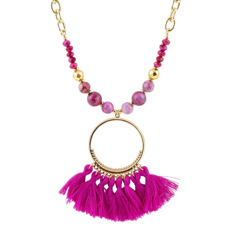 Pink Magenta Dreams Agate Tassel Golden Necklace sold by Barse