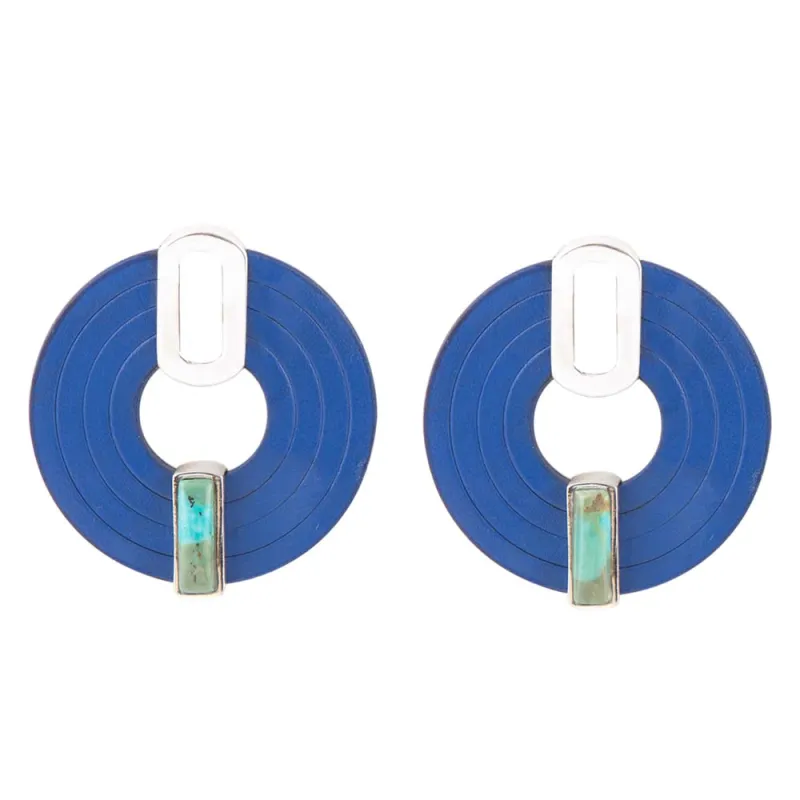 Discus Blue Turquoise and Leather Sterling Silver Earrings sold by Barse