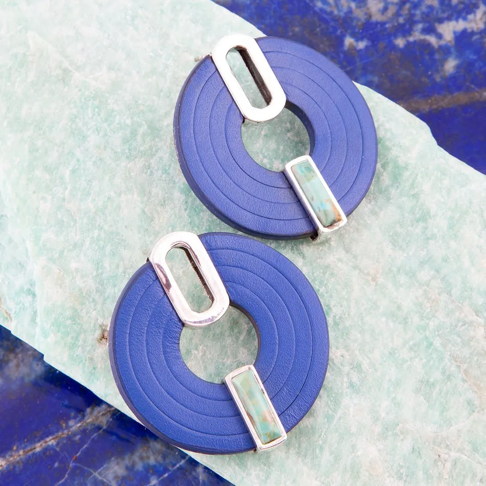 Discus Blue Turquoise and Leather Sterling Silver Earrings sold by Barse product image thumbnail 2