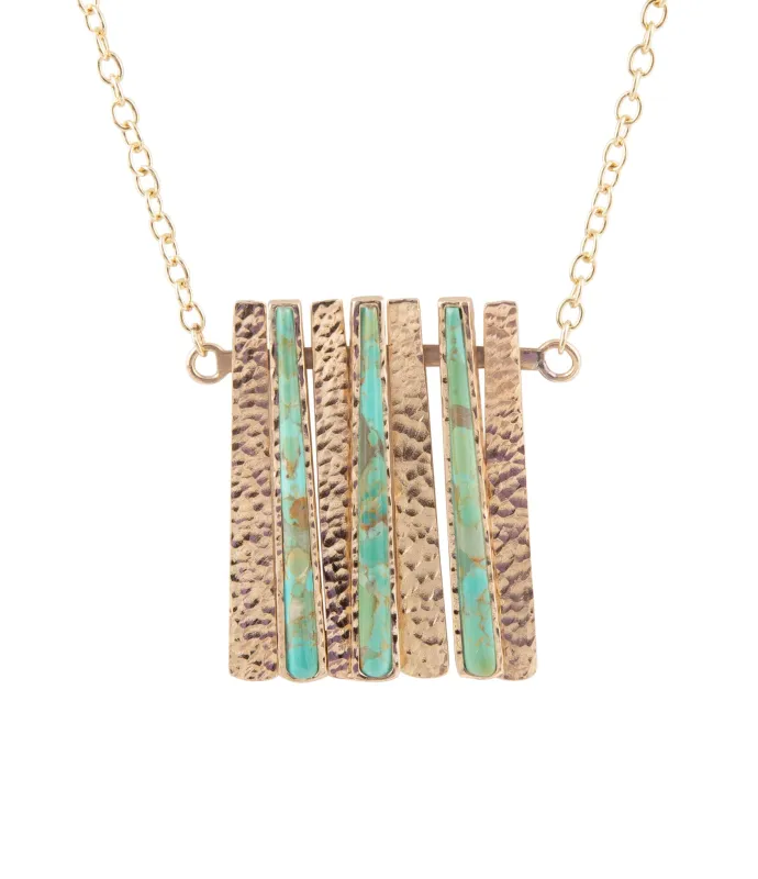 Aztec Blue Turquoise and Golden Bronze Fan Necklace sold by Barse