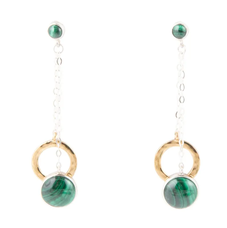 Circle Green Malachite and Two-Toned Metal Dangle Earrings sold by Barse