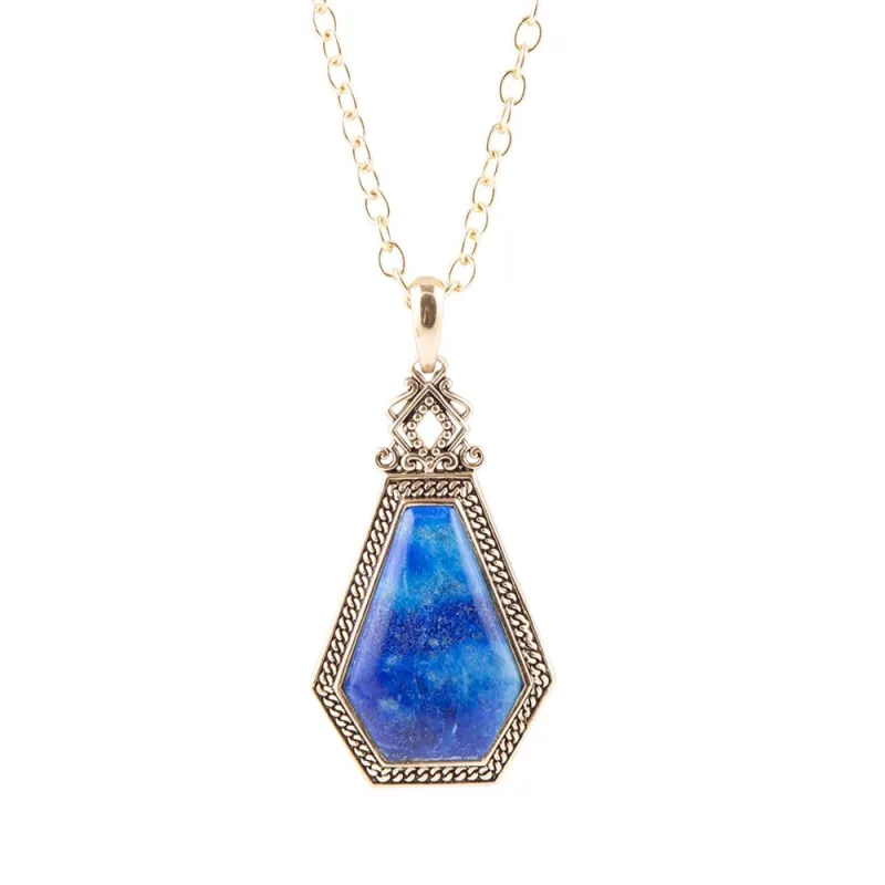 Blue Lapis Golden Elongated Pendant Necklace sold by Barse