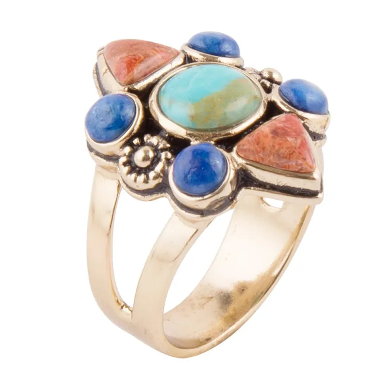 Blue Turquoise and Colorful Multi-Stone Golden Statement Ring sold by Barse