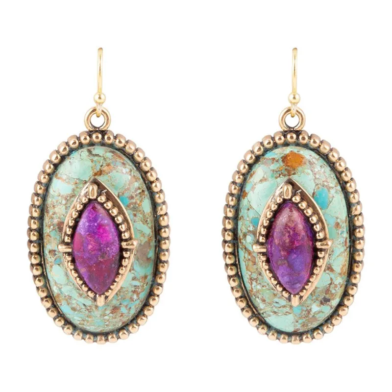 Stacked Stone Blue and Purple Turquoise Golden Drop Earrings sold by Barse