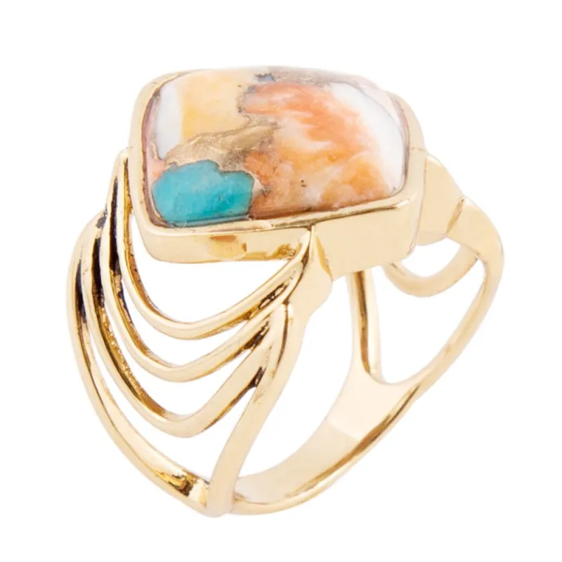Arrows Blue Turquoise and Orange Spiny Oyster Matrix Golden Ring sold by Barse