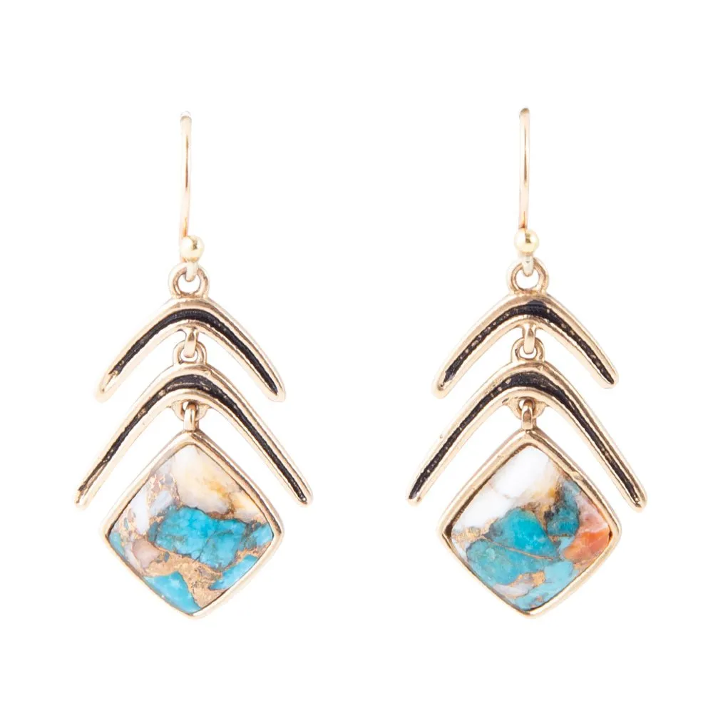 Arrows Blue Turquoise and Spiny Oyster Matrix Golden Drop Earrings sold by Barse