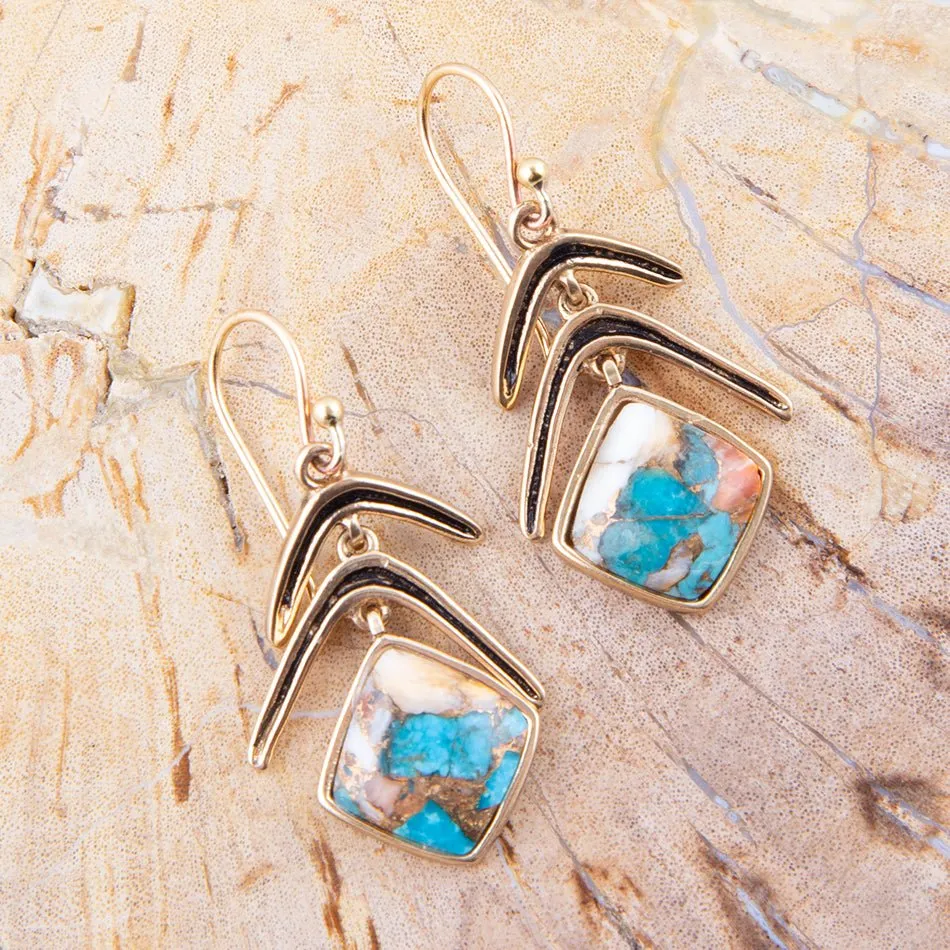 Arrows Blue Turquoise and Spiny Oyster Matrix Golden Drop Earrings sold by Barse product image thumbnail 2