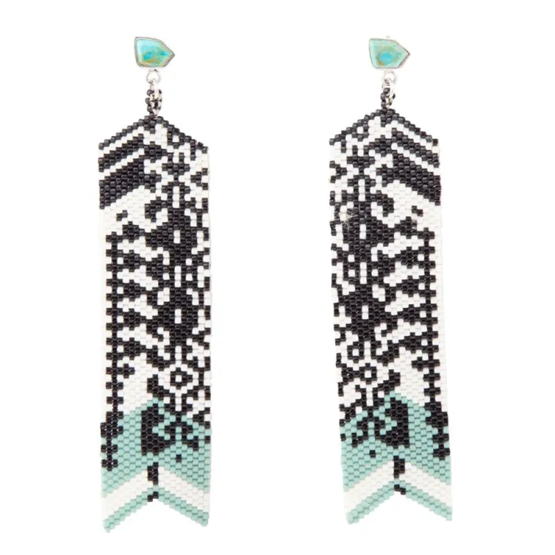 Turquoise Long Woven Seed Bead Earrings sold by Barse