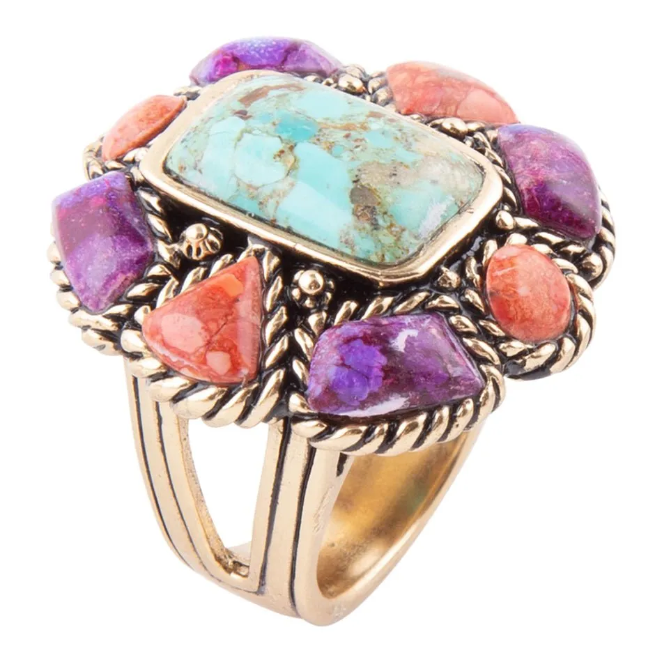 Blue Turquoise Colorful Floral Golden Ring sold by Barse