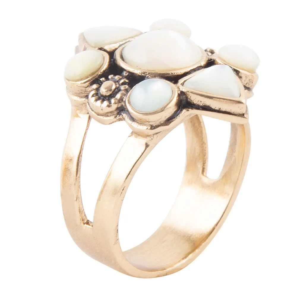 White Mother of Pearl Golden Statement Ring sold by Barse
