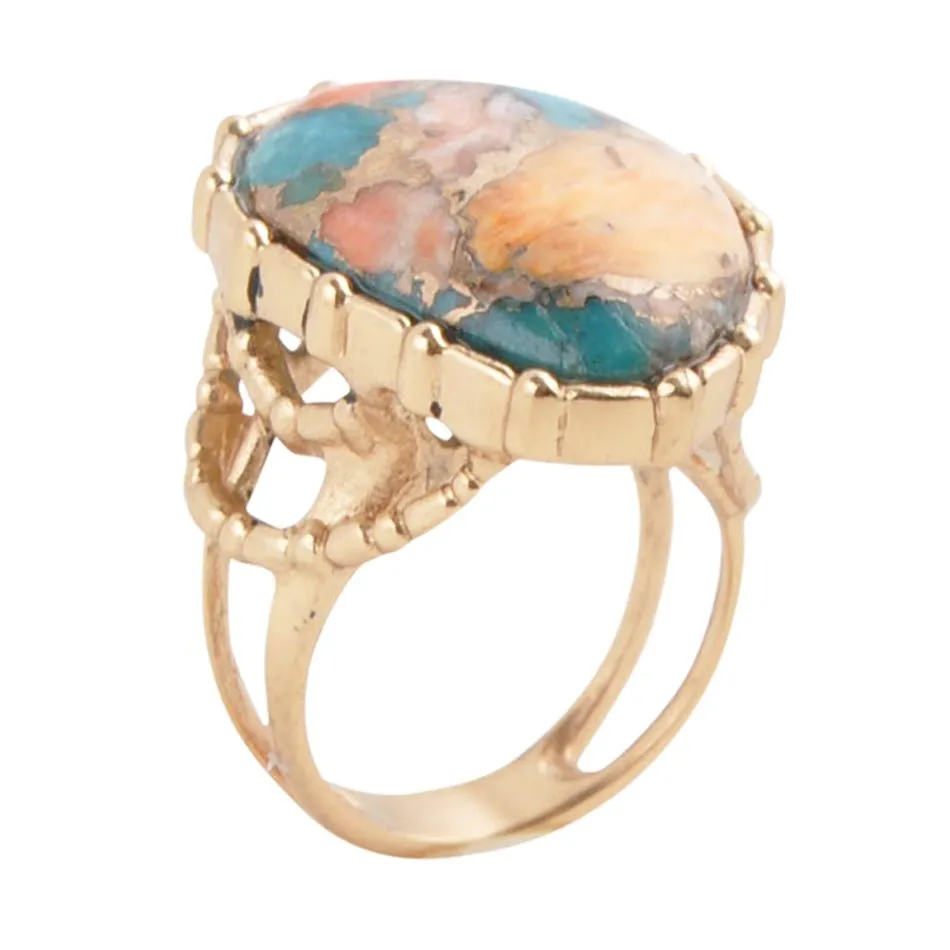 Modern Edge Turquoise and Spiny Oyster Shell Matrix Stone Golden Ring sold by Barse