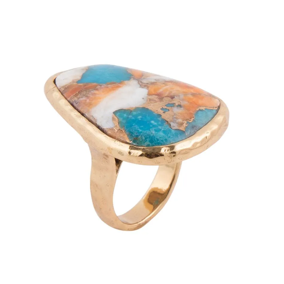 Orange Spiny Oyster and Blue Turquoise Matrix Abstract Golden Ring sold by Barse