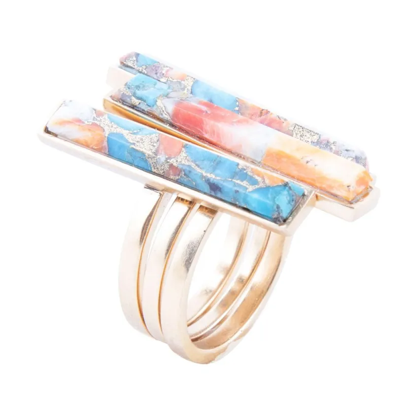 Triple Threat Blue Turquoise Orange Spiny Oyster Matrix Golden Ring Set sold by Barse
