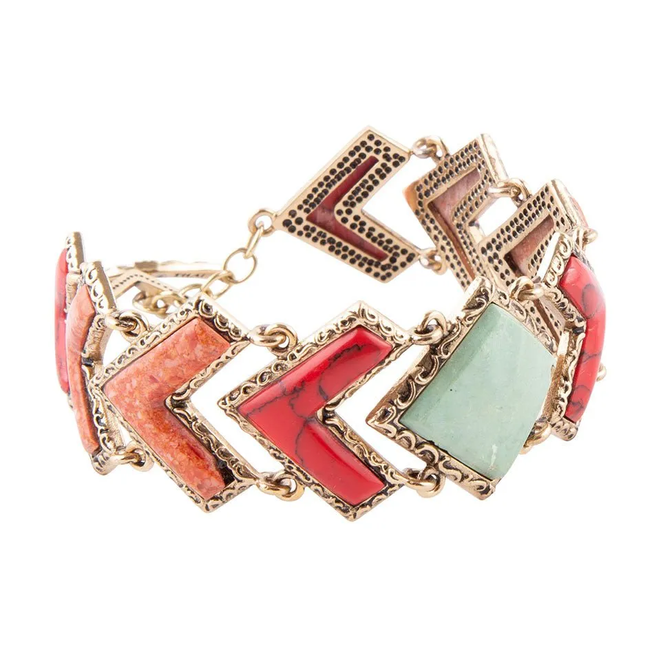 Green Turquoise and Coral Tapestry Golden Link Bracelet sold by Barse