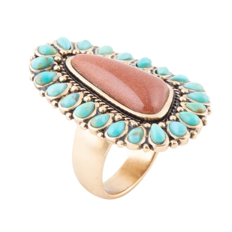 Sedona Blue Turquoise Orange Goldstone Golden Statement Ring sold by Barse