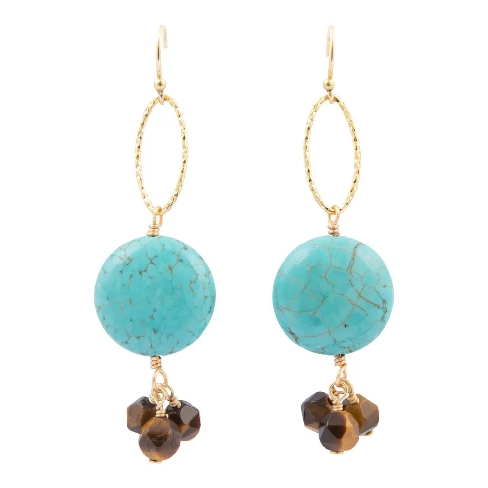 Smoky Brown Tiger's Eye and Blue Magnesite Golden Drop Earrings sold by Barse