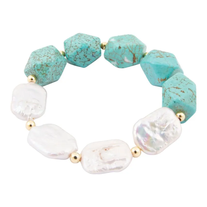 Hepburn Blue Magnesite and Pearl Golden Chunky Stretch Bracelet sold by Barse