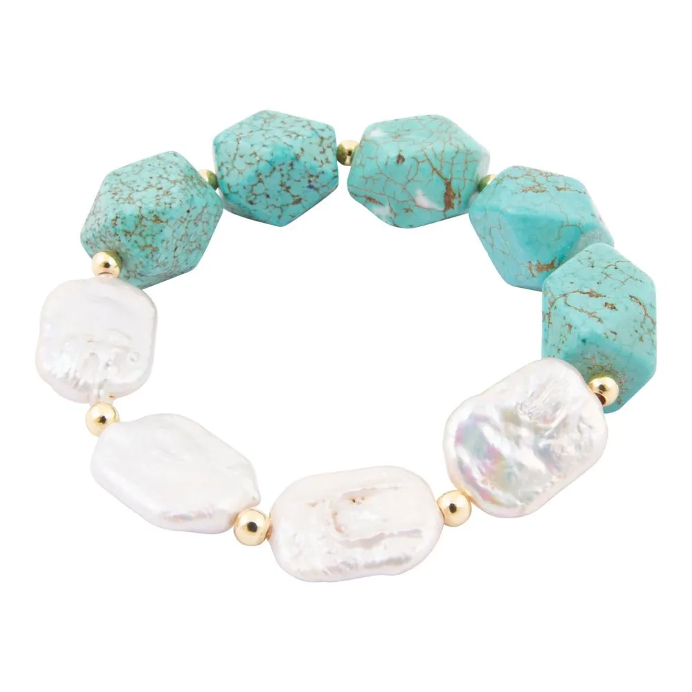 Hepburn Blue Magnesite and Pearl Golden Chunky Stretch Bracelet sold by Barse