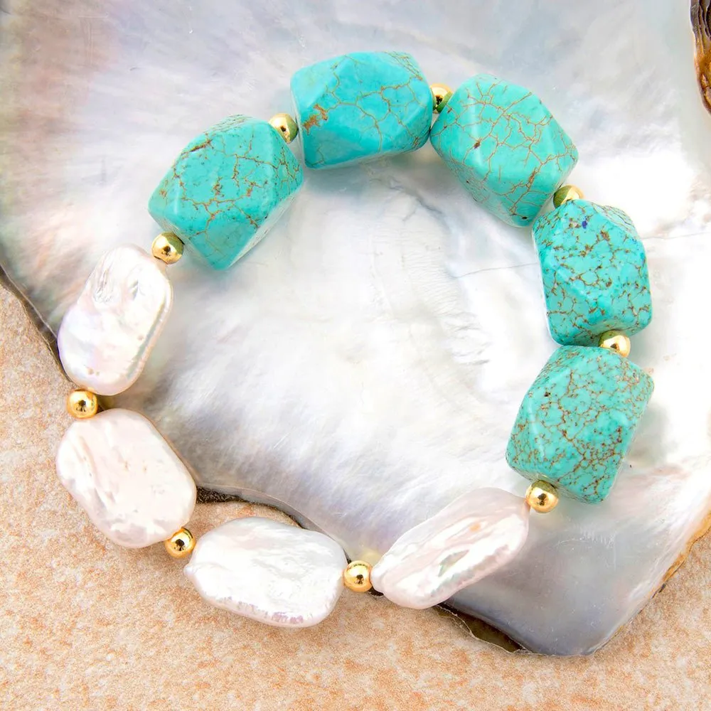 Hepburn Blue Magnesite and Pearl Golden Chunky Stretch Bracelet sold by Barse product image thumbnail 3