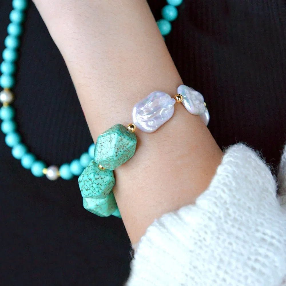 Hepburn Blue Magnesite and Pearl Golden Chunky Stretch Bracelet sold by Barse product image thumbnail 2
