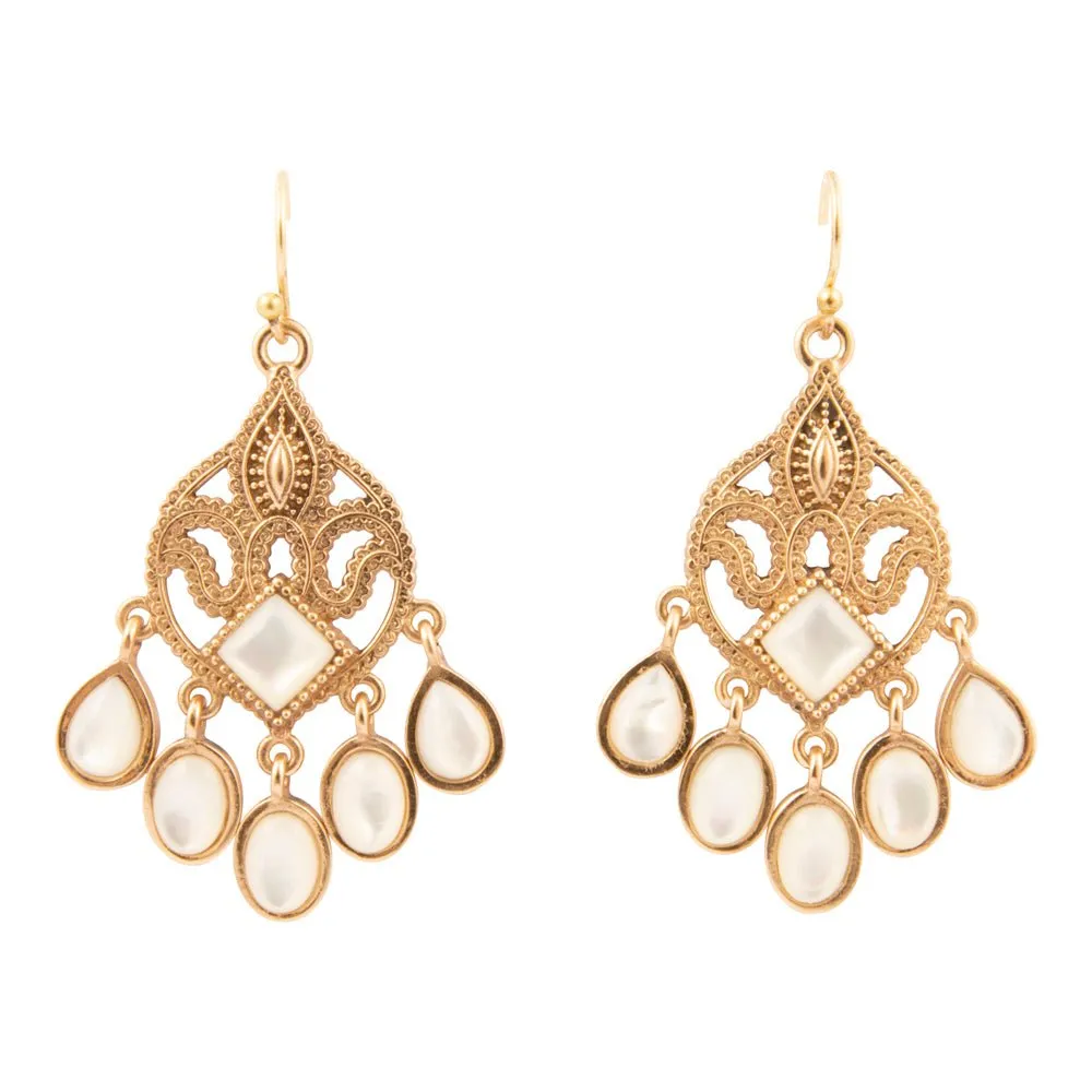 Luscious White Mother of Pearl Golden Chandelier Earrings sold by Barse