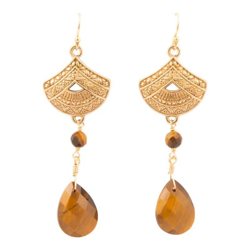 Maya Brown Tiger's Eye Golden Drop Earrings sold by Barse