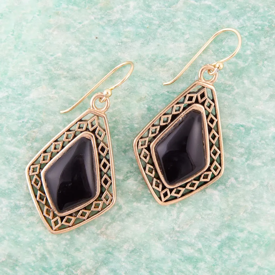 Diamond Black Onyx Stone Golden Drop Earrings sold by Barse product image thumbnail 2