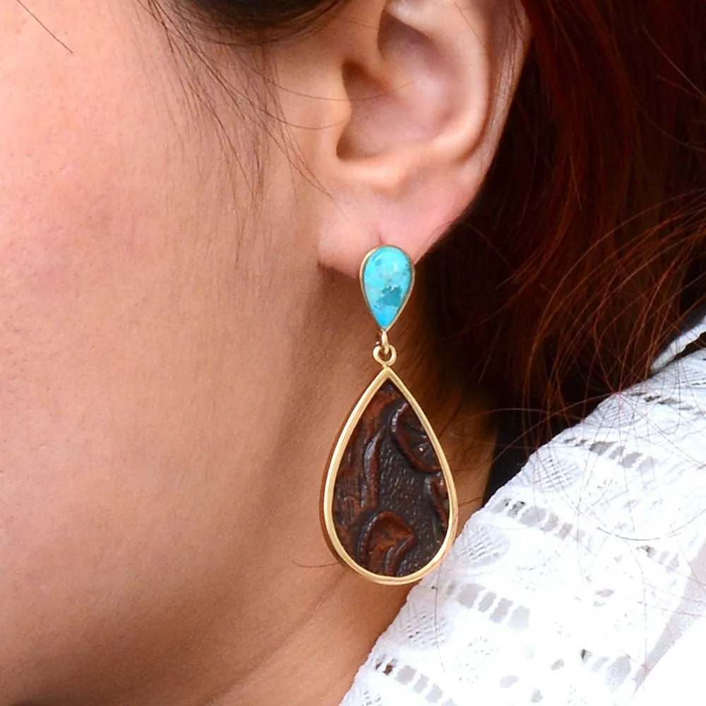 Blue Turquoise Rosette Leather Post Golden Earrings sold by Barse product image thumbnail 2