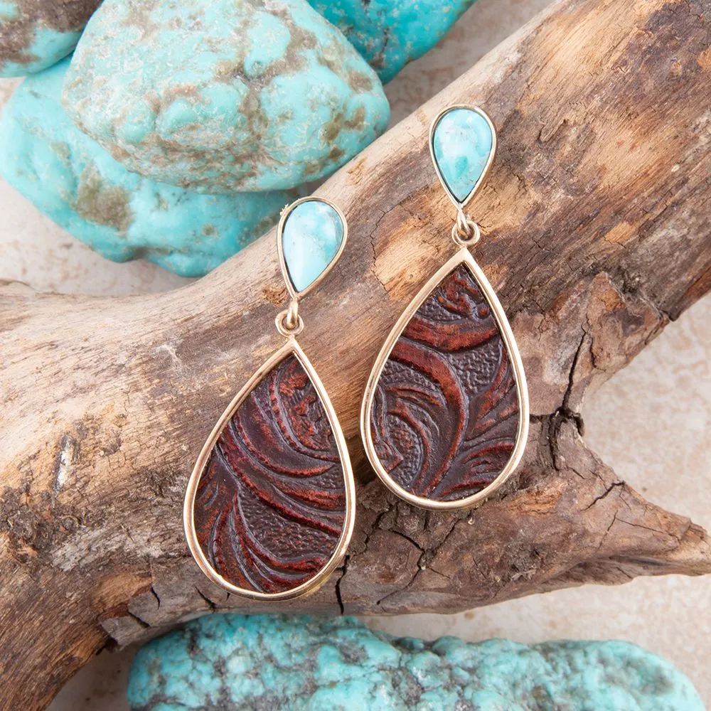 Blue Turquoise Rosette Leather Post Golden Earrings sold by Barse product image thumbnail 3