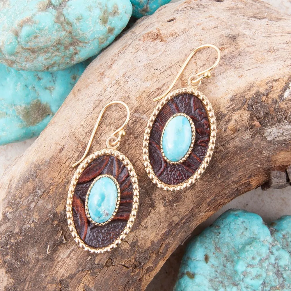 Blue Turquoise Rosette Leather and Golden Drop Earrings sold by Barse product image thumbnail 3