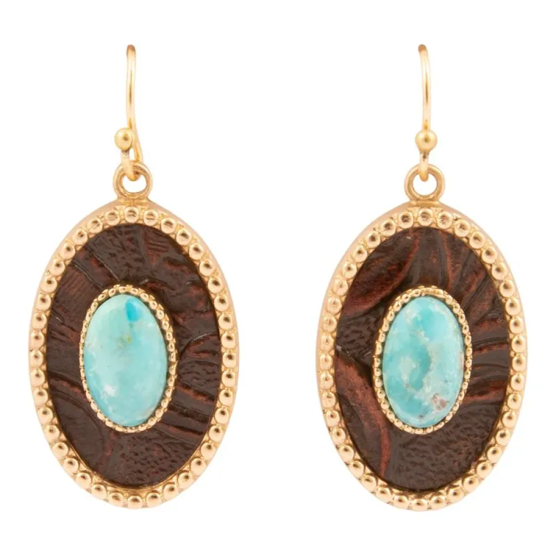 Blue Turquoise Rosette Leather and Golden Drop Earrings sold by Barse