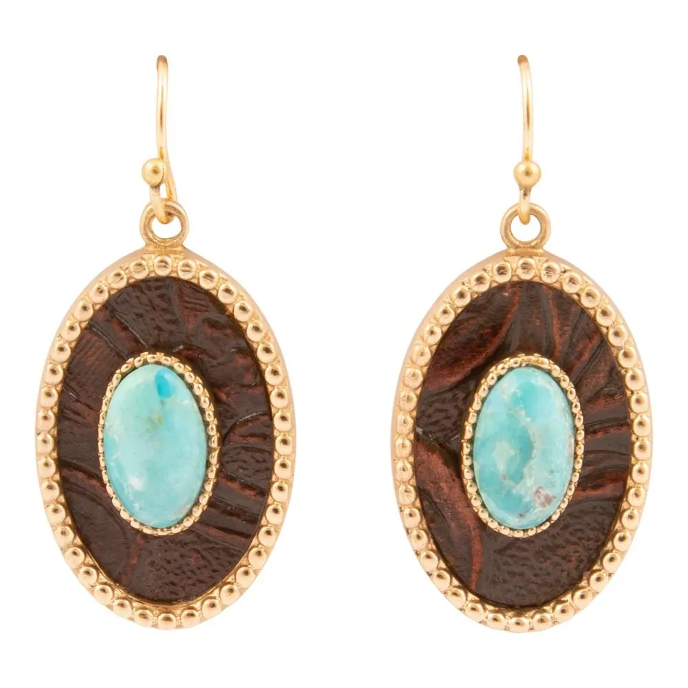 Blue Turquoise Rosette Leather and Golden Drop Earrings sold by Barse