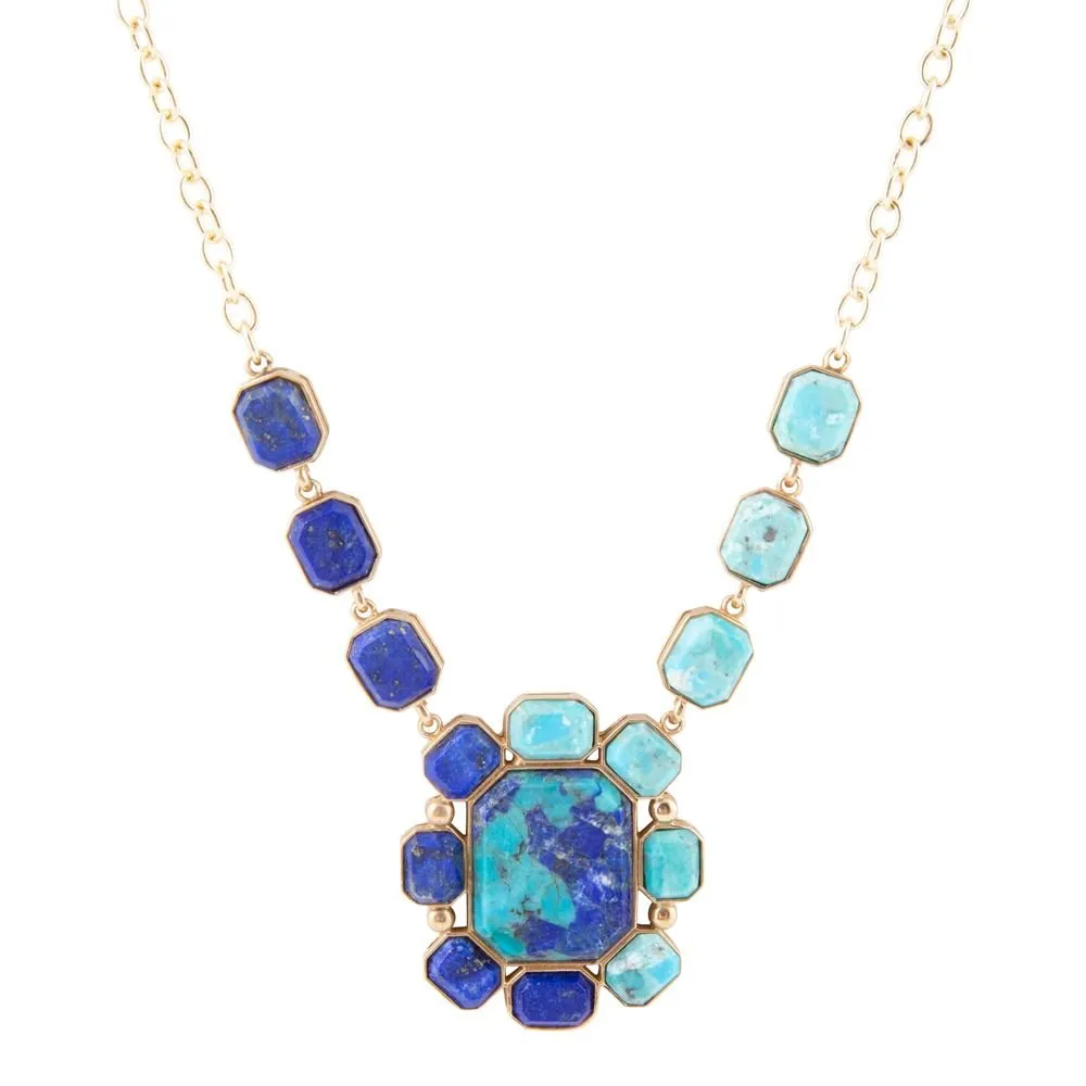 Duality Blue Lapis and Turquoise Golden Pendant Necklace sold by Barse